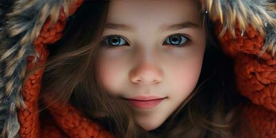 AI generated Girl in winter coat and orange scarf. AI generative. photo