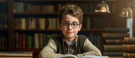 AI generated Young reader in sweater and glasses, absorbed in enchanting story,. AI generative. photo