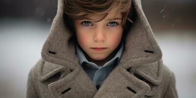 AI generated Warm, inviting image of a boy in a hooded coat. AI generative. photo