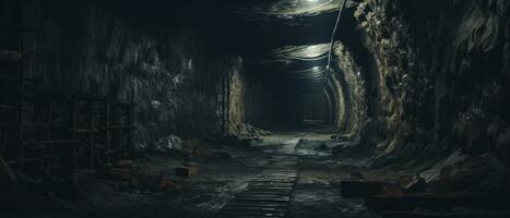 AI generated Eerie underground tunnel with abandoned train track. AI generative. photo