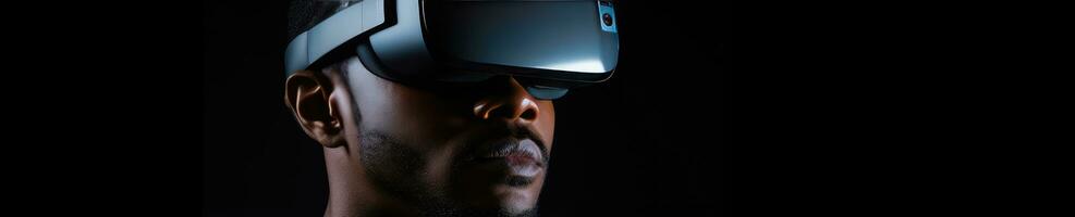 AI generated Black man fully immersed in VR, headset on. AI generative. photo