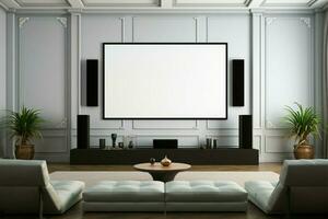 AI generated Home cinema chic Mini theater setup on white plaster wall photo