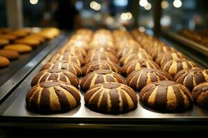 AI generated For sale a delicious showcase of chocolate cookies at a store photo