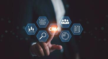 CRM. Customer Relationship Management, Businessman or client show global structure customer network technology, Data exchanges development, Customer service, Digital marketing online, Social media, HR photo