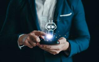 Chatbot Chat. AI, Artificial intelligence digital technology, Man use technology smart robot Ai, generate business data on website internet, Application solution. Futuristic technology transformation. photo