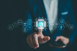 ai tecnología y artificial inteligencia utilizar analítica, conexión información inteligencia tecnología, automatización y autónomo cerebro. grande datos gestión, inteligente hogar, banco seguridad, la seguridad cibernética de ai. foto