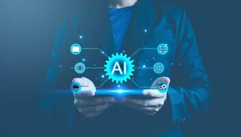 ai tecnología. artificial inteligencia. empresario utilizar tecnología ai inteligente robot automatización sistema. datos análisis. ai charla y mando rápido a generar. chatbot inteligente asistente. ai secretario. foto