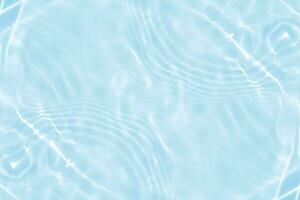 Defocus blurred transparent blue colored clear calm water surface texture with splashes and bubbles. Trendy abstract nature background. Water waves in sunlight with copy space. Blue watercolor shining photo