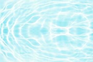Defocus blurred transparent blue colored clear calm water surface texture with splashes and bubbles. Trendy abstract nature background. Water waves in sunlight with copy space. Blue watercolor shining photo