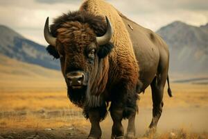 ai generado grandioso americano bisonte, un majestuoso herbívoro, deambula libremente con imponente fuerza y Resiliencia foto