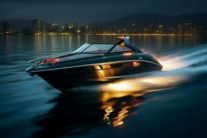 AI generated Nighttime thrill a speed boat glides through dark waters, creating exhilarating waves photo