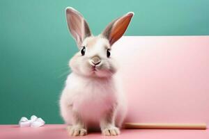 AI generated Festive charm adorable bunny against an isolated pastel color backdrop photo