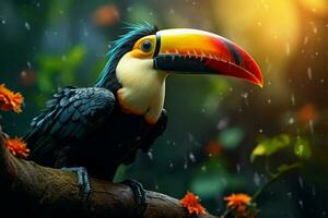 ai generado aviar belleza un tucanes retrato exhibiendo vibrante plumas en el bosque foto