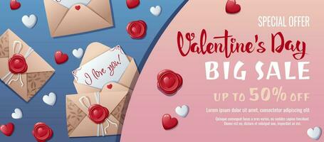 Valentine's day sale banner. Background, poster with a love letter in an envelope with a wok seal and hearts. Discount voucher template for love day. vector