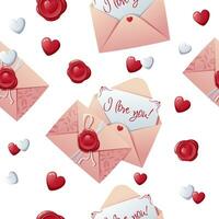 Seamless pattern with a love letter in an envelope with a wax seal and hearts. Great for wrapping paper, fabric, wallpaper, textiles. Background for Valentine s Day. vector