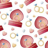 Seamless pattern with wedding gold rings in a box with hearts. Great for wrapping paper, fabric, wallpaper, textiles. Background for Valentine's Day. vector