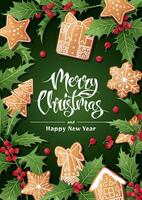 Merry Christmas Holiday card, flyer and invitation. Festive background with holly, berries and gingerbread cookies. Merry Christmas and New Year vector