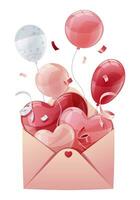 globos volador fuera de un sobre en un blanco antecedentes. adecuado para diseño pancartas, saludo tarjetas, carteles, volantes para San Valentín día, de la madre día, etc vector