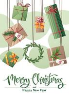 Christmas card template design. Flyer, poster with gift boxes, wreath in retro style. Merry Christmas and Happy New Year vector