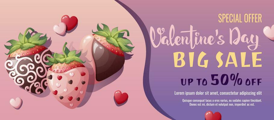 Valentine's day sale banner. Background, poster with ripe strawberries in chocolate. Discount voucher template for love day