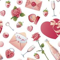 Seamless pattern with roses, champagne, strawberries, candies with hearts. Great for wrapping paper, fabric, wallpaper, textiles. Background for Valentine's Day. vector