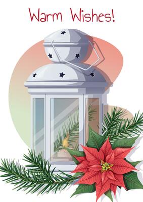 Christmas card template. Holiday greeting card with lantern, fir branch and red poinsettia. Design for flyer, poster, banner, holiday invitation
