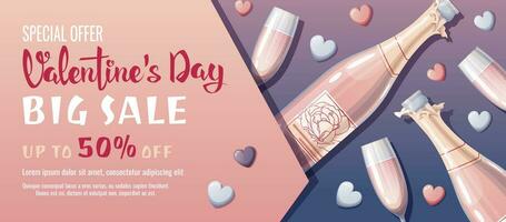 Valentine's day sale banner. Background, poster, flyer with a bottle of pink champagne and glasses. Discount voucher template for love day. vector