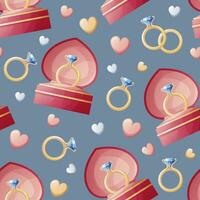 Seamless pattern with wedding gold rings in a box with hearts. Great for wrapping paper, fabric, wallpaper, textiles. Background for Valentine's Day. vector