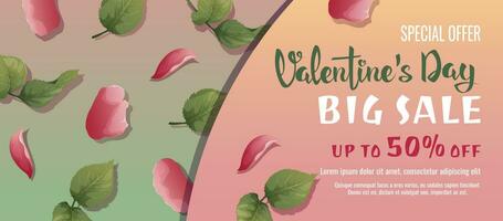 Valentine s day sale banner. Background, poster with pink rose petals and green ones with leaves. Discount voucher template for love day. vector
