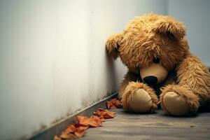 ai generado solitario dolor niños osito de peluche oso se inclina en contra muro, expresando tristeza foto