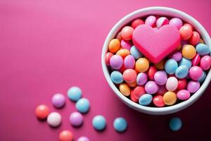 AI generated Pink allure heart shaped candies form a whimsical rainbow display photo