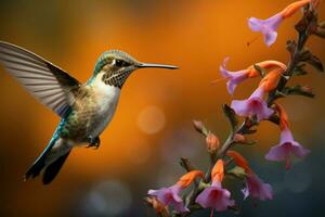 ai generado colibríes delicado encanto exhibido en un retrato con vibrante flores foto