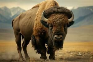 ai generado bisonte de el americas, un poderoso y grandioso herbívoro, comandos el herboso extensiones foto