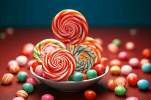 AI generated Lollipop allure close up view of vibrant candy on a table photo