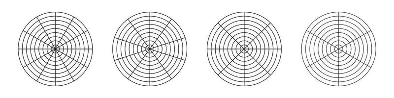 Circle diagrams of life style balance. Wheel of life templates. Coaching tool for visualizing all areas of life. Set of polar grid with segments, concentric circles. Blank of polar graph paper. Vector
