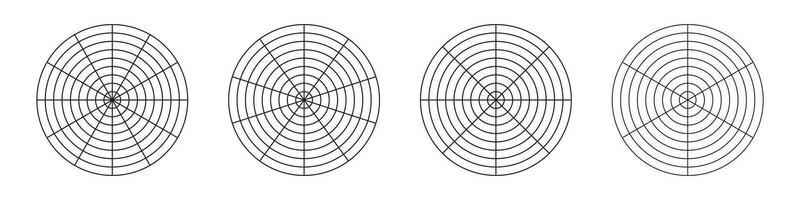 circulo diagramas de vida estilo balance. rueda de vida plantillas. entrenamiento herramienta para visualizante todas areas de vida. conjunto de polar cuadrícula con segmentos, concéntrico círculos blanco de polar grafico papel. vector