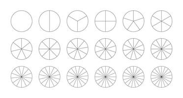 Set of segmented charts. Pie chart template. Diagram wheel parts. Many number of sectors divide the circle on equal parts. Black thin graphics. Collection of pizza charts icon. Segments infographic. vector