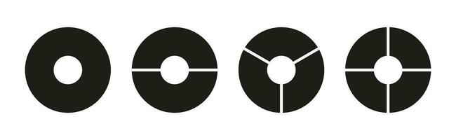 Circle division on 1, 2, 3, 4 equal parts. Wheel round divided diagrams with one, two, three, four segments. Set of infographic. Coaching blank. Vector illustration.