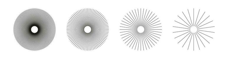 Radial circle lines. Symbol of Sun star rays. Spokes with radiating stripes grid. Set of circular lines elements. Flat design element. Abstract illusion geometric shape. Vector graphic illustration.