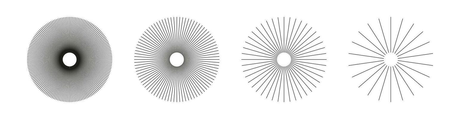 Radial circle lines. Symbol of Sun star rays. Spokes with radiating stripes grid. Set of circular lines elements. Flat design element. Abstract illusion geometric shape. Vector graphic illustration.