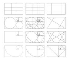 Golden ratio frames set. Method golden section template. Fibonacci array, numbers. Harmony proportions grid. Outline vector illustration. Eps.