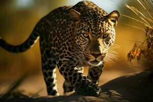 ai generado poderoso elegancia un leopardo retratado majestuosamente en el bosque foto