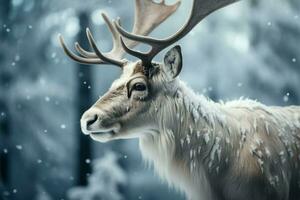 ai generado escarchado elegancia reno vagar un invierno bosque, encarnando el magia de el temporada foto