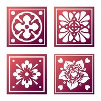 Abstract red tiles with blooming patterns inside vector