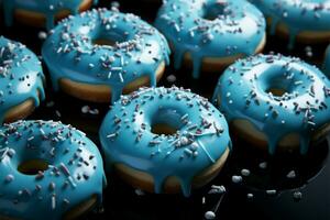 AI generated Donut dreamscape a blue patterned background evokes the charm of delectable treats photo