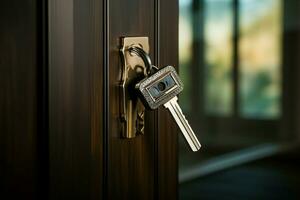 AI generated Keys on house doors represent new homes, real estate investments photo