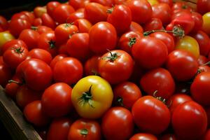 ai generado crujiente Tienda cajón vitrinas un formación de granja fresca, jugoso Tomates foto