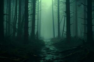 ai generado obsesionante ambiente 3d representación de brumoso bosque con misterioso concepto foto