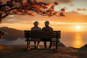 AI generated Enduring love a senior couple embraces the beauty of a sunset on a bench photo