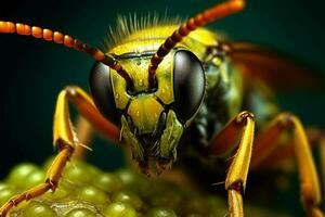 ai generado frondoso lona macro retrato exhibiendo el delicado insecto en un hoja foto
